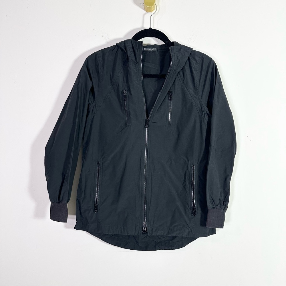Eileen Fisher Petite Black Nylon Zip Up Unlined Hooded Windbreaker Jacket